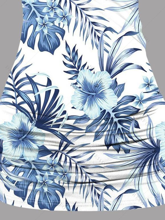 Débardeur de vacances froncé en dentelle avec motif de feuilles tropicales et de fleurs d'hibiscus et de papillons, haut long à bretelles et anneau en O - Bleu XL | US 12