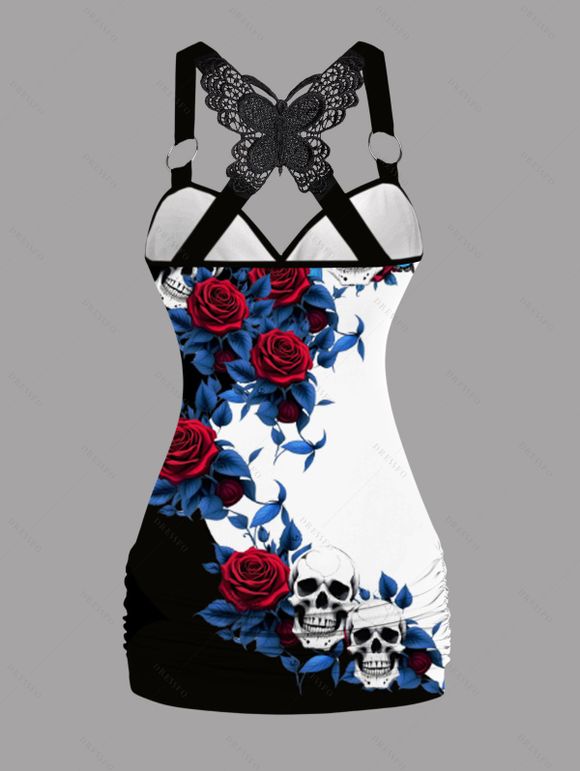 Gothic Women Outfit Rose Leaf Skulls Pattern Butterfly Lace Ruched Surplice O Ring Strap Tank Top and Wide Leg Pants Holiday Set - Noir S | US 4