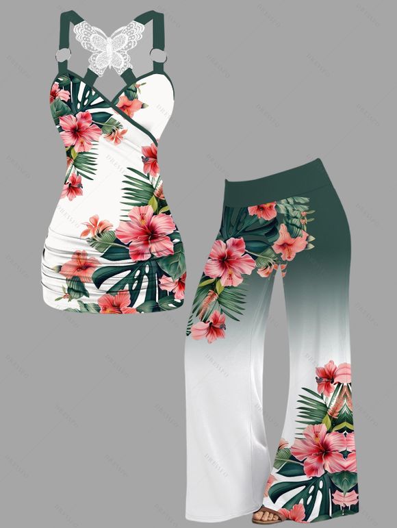 Vacation Women Outfit Ombre Hibiscus Flowers Leaf Pattern Butterfly Lace Ruched Tank Top and Wide Leg Pants Casual Set - Vert profond S | US 4