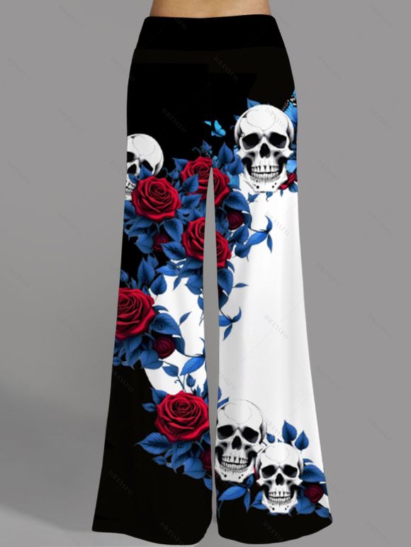 Gothic Women Outfit Rose Leaf Skulls Pattern Butterfly Lace Ruched Surplice O Ring Strap Tank Top and Wide Leg Pants Holiday Set - Noir S | US 4