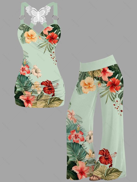 Vacation Women Outfit Leaf Colored Flowers Pattern Butterfly Lace Ruched Surplice O Ring Strap Tank Top and Wide Leg Pants Casual Set - Vert clair S | US 4