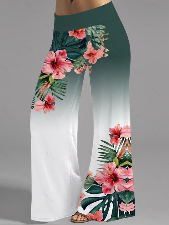 Vacation Women Outfit Ombre Hibiscus Flowers Leaf Pattern Butterfly Lace Ruched Tank Top and Wide Leg Pants Casual Set - Vert profond S | US 4