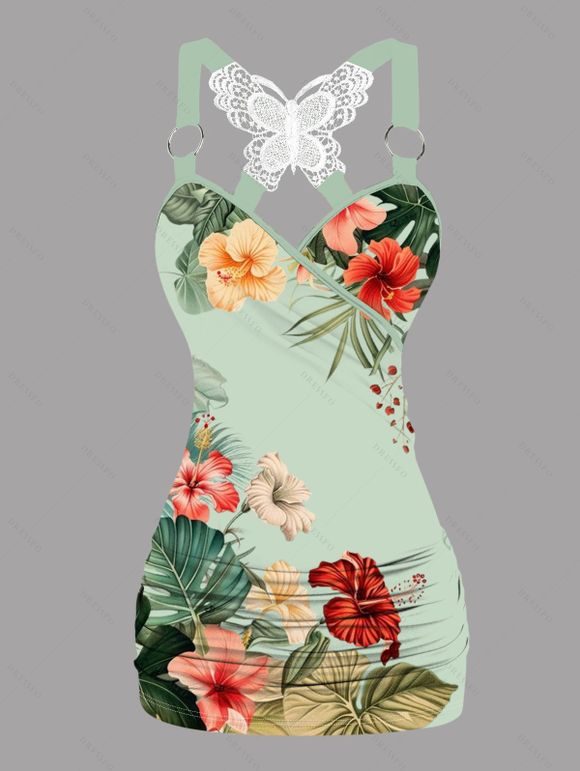 Vacation Women Outfit Leaf Colored Flowers Pattern Butterfly Lace Ruched Surplice O Ring Strap Tank Top and Wide Leg Pants Casual Set - Vert clair S | US 4