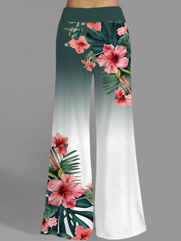 Vacation Women Outfit Ombre Hibiscus Flowers Leaf Pattern Butterfly Lace Ruched Tank Top and Wide Leg Pants Casual Set - Vert profond S | US 4