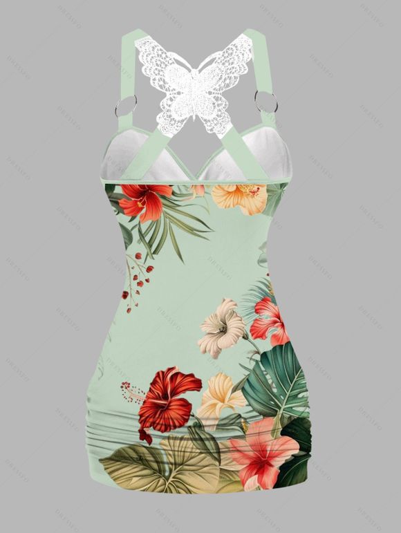 Vacation Women Outfit Leaf Colored Flowers Pattern Butterfly Lace Ruched Surplice O Ring Strap Tank Top and Wide Leg Pants Casual Set - Vert clair S | US 4
