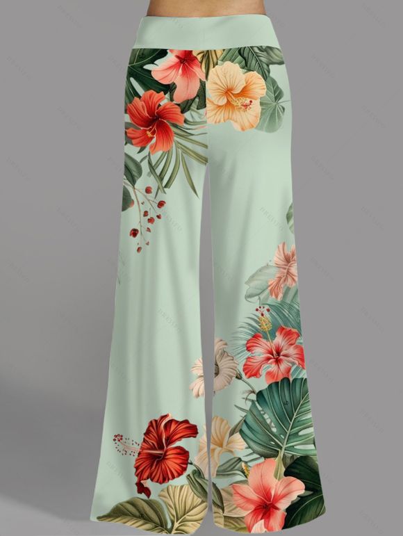Vacation Women Outfit Leaf Colored Flowers Pattern Butterfly Lace Ruched Surplice O Ring Strap Tank Top and Wide Leg Pants Casual Set - Vert clair S | US 4
