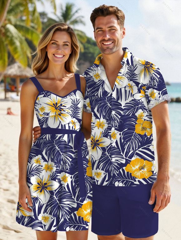 Vacation Couple Outfit Allover Tropical Leaf Hibiscus Floral Pattern Ruched Bust Belt A Line Mini Dress and Roll Up Sleeve Shirt Casual Matching Outfit - Bleu profond S | US 4