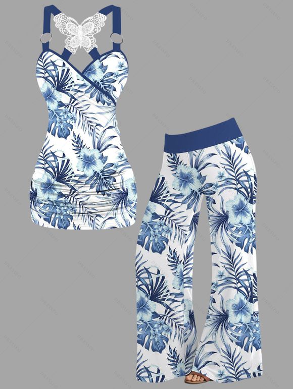 Vacation Women Outfit Hibiscus Flowers Leaf Pattern Butterfly Lace Long Tank Top and Wide Leg Pants Casual Set - Bleu S | US 4
