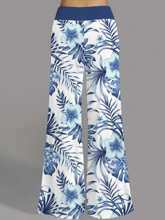 Vacation Women Outfit Hibiscus Flowers Leaf Pattern Butterfly Lace Long Tank Top and Wide Leg Pants Casual Set - Bleu S | US 4