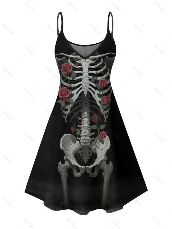 Robe gothique à motif de roses squelettes, bretelles spaghetti, col en V, coupe trapèze, mini-robe débardeur de vacances - Noir XXXXXL | US 20