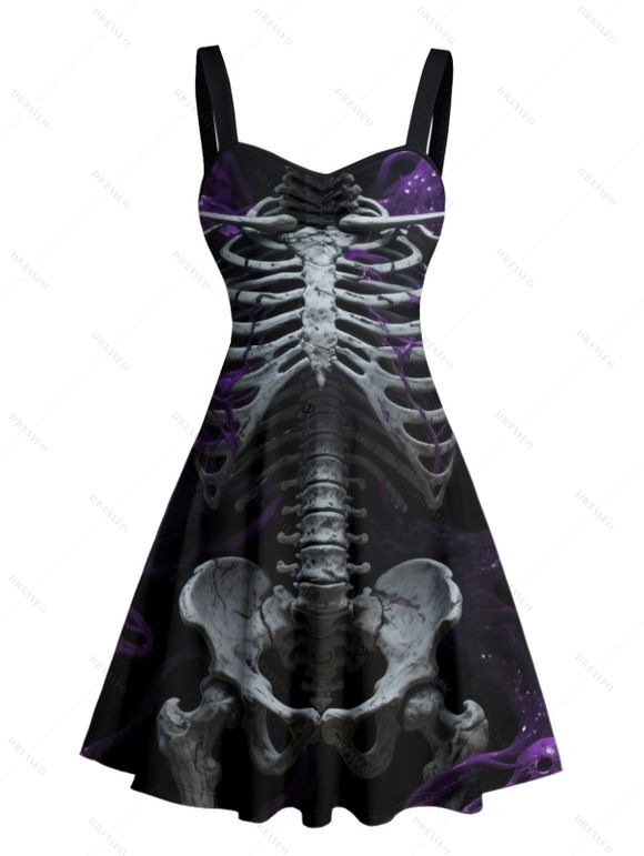 Robe gothique à buste froncé et motif de feu squelette, décolleté en cœur, mini robe de vacances trapèze - Noir XXXXXL | US 20