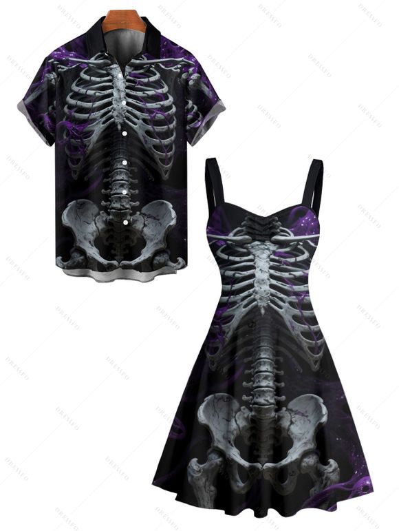 Gothic Couple Outfit Skeleton Fire Pattern Ruched Bust Sweetheart Neck A Line Mini Dress and Button Up Shirt Holiday Matching Outfit - Noir S | US 4