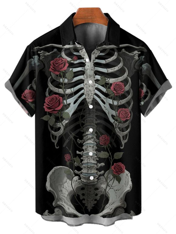 Chemise gothique à manches courtes et boutons pour homme, motif squelette et roses, style vacances - Noir 5XL