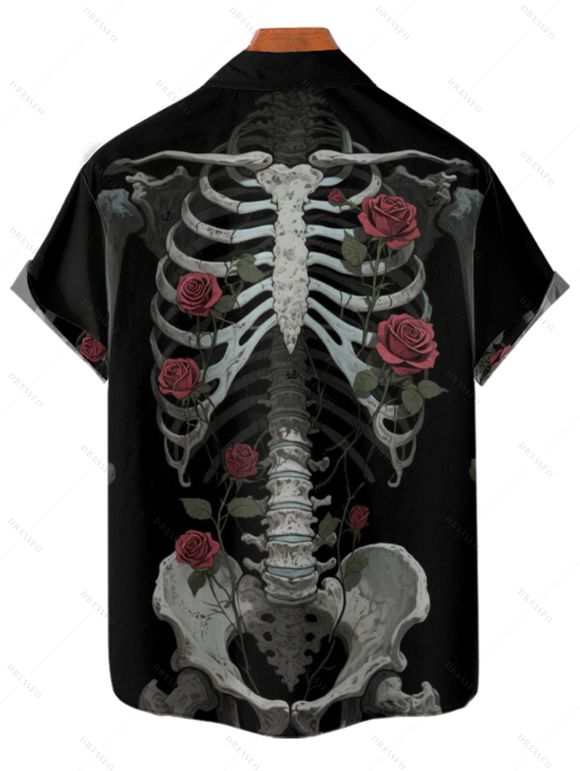 Chemise gothique à manches courtes et boutons pour homme, motif squelette et roses, style vacances - Noir 4XL