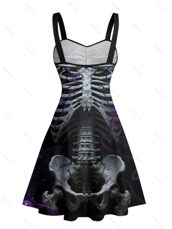 Gothic Couple Outfit Skeleton Fire Pattern Ruched Bust Sweetheart Neck A Line Mini Dress and Button Up Shirt Holiday Matching Outfit - BLACK S | US 4