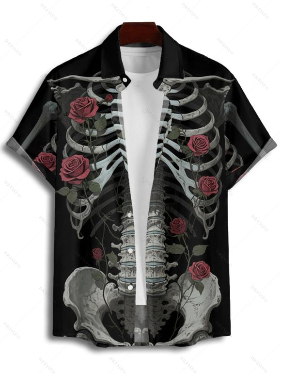 Chemise gothique à manches courtes et boutons pour homme, motif squelette et roses, style vacances - Noir 4XL