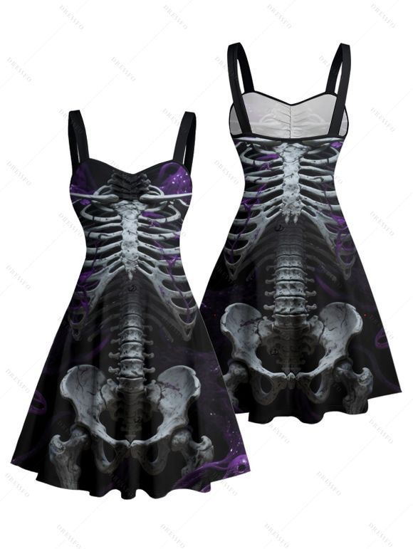 Gothic Couple Outfit Skeleton Fire Pattern Ruched Bust Sweetheart Neck A Line Mini Dress and Button Up Shirt Holiday Matching Outfit - BLACK S | US 4