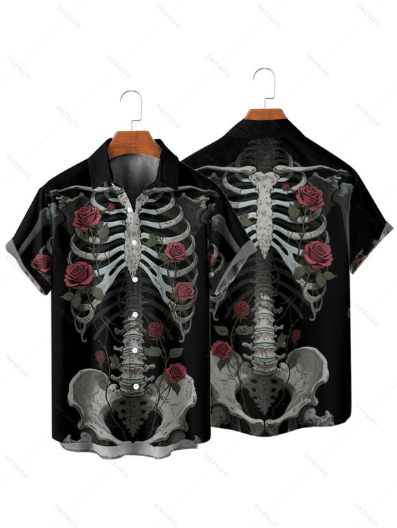 Chemise gothique à manches courtes et boutons pour homme, motif squelette et roses, style vacances - Noir 4XL