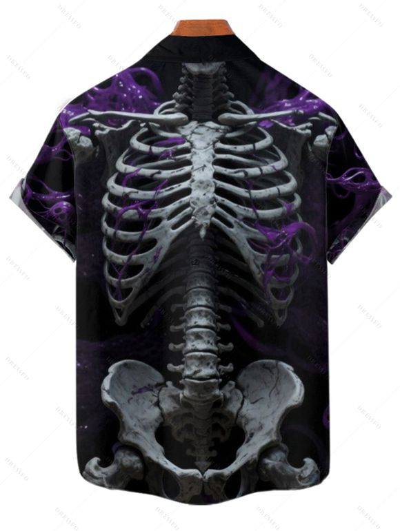 Gothic Couple Outfit Skeleton Fire Pattern Ruched Bust Sweetheart Neck A Line Mini Dress and Button Up Shirt Holiday Matching Outfit - BLACK S | US 4