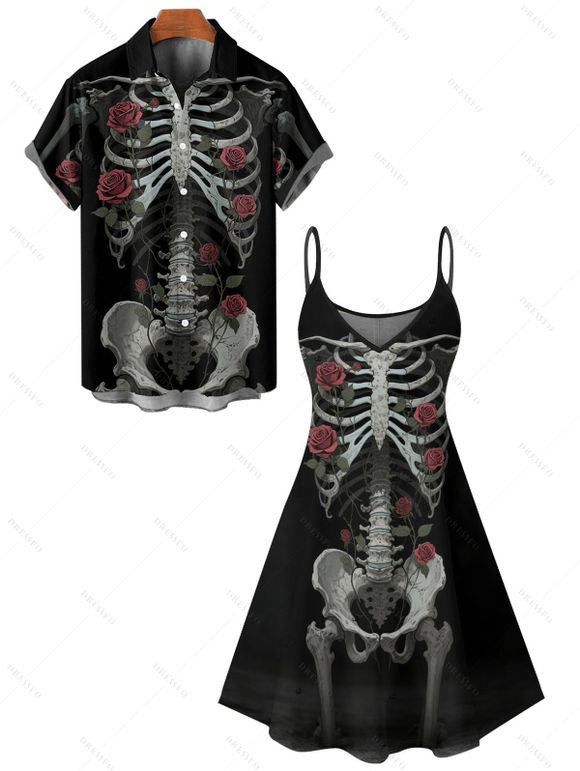 Gothic Couple Outfit Skeleton Rose Pattern Spaghetti Strap V Neck A Line Mini Tank Dress and Button Up Shirt Holiday Matching Outfit - Noir S | US 4