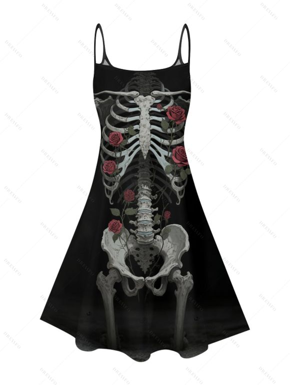 Gothic Couple Outfit Skeleton Rose Pattern Spaghetti Strap V Neck A Line Mini Tank Dress and Button Up Shirt Holiday Matching Outfit - Noir S | US 4