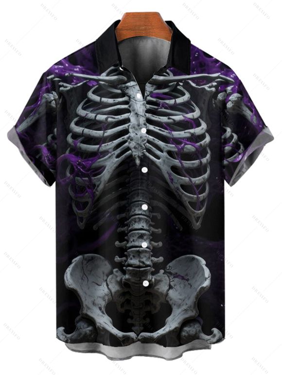 Chemise gothique à manches courtes et boutons pour homme, motif squelette de feu, style vacances - Noir 5XL