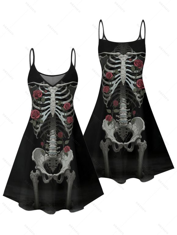 Gothic Couple Outfit Skeleton Rose Pattern Spaghetti Strap V Neck A Line Mini Tank Dress and Button Up Shirt Holiday Matching Outfit - Noir S | US 4