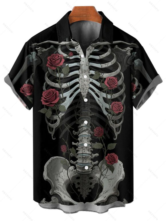 Gothic Couple Outfit Skeleton Rose Pattern Spaghetti Strap V Neck A Line Mini Tank Dress and Button Up Shirt Holiday Matching Outfit - Noir S | US 4