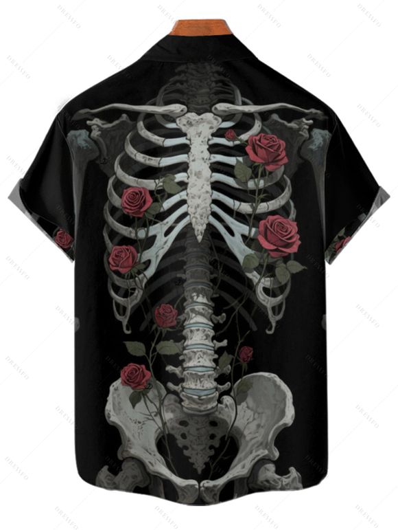 Gothic Couple Outfit Skeleton Rose Pattern Spaghetti Strap V Neck A Line Mini Tank Dress and Button Up Shirt Holiday Matching Outfit - Noir S | US 4