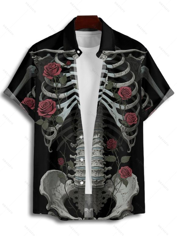 Gothic Couple Outfit Skeleton Rose Pattern Spaghetti Strap V Neck A Line Mini Tank Dress and Button Up Shirt Holiday Matching Outfit - Noir S | US 4