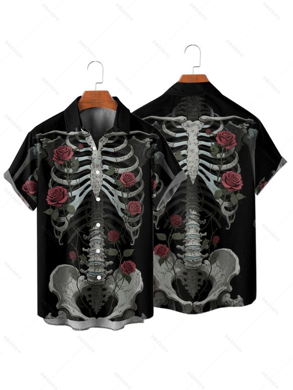 Gothic Couple Outfit Skeleton Rose Pattern Spaghetti Strap V Neck A Line Mini Tank Dress and Button Up Shirt Holiday Matching Outfit - Noir S | US 4