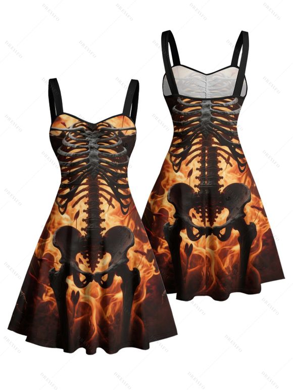 Robe gothique à buste froncé et motif de feu squelette, décolleté en cœur, mini robe de vacances trapèze - Orange L | US 8-10