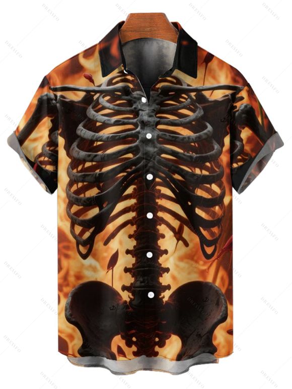 Chemise gothique à manches courtes et boutons pour homme, motif squelette de feu, style vacances - Orange 5XL