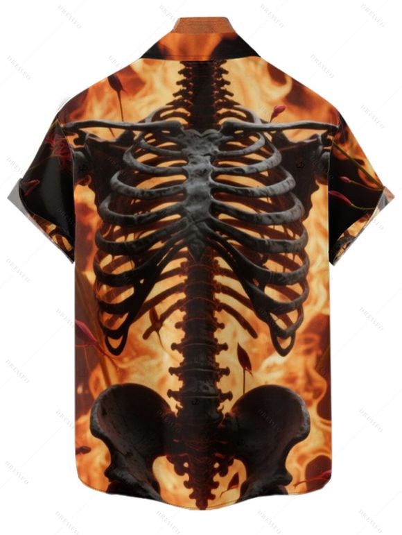 Chemise gothique à manches courtes et boutons pour homme, motif squelette de feu, style vacances - Orange 2XL