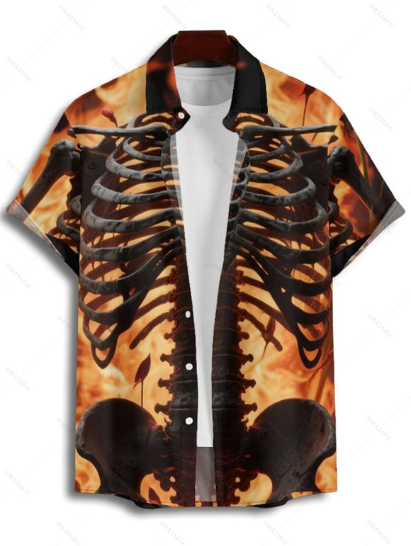 Chemise gothique à manches courtes et boutons pour homme, motif squelette de feu, style vacances - Orange 2XL