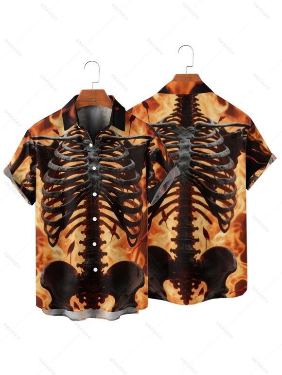 Chemise gothique à manches courtes et boutons pour homme, motif squelette de feu, style vacances - Orange 2XL