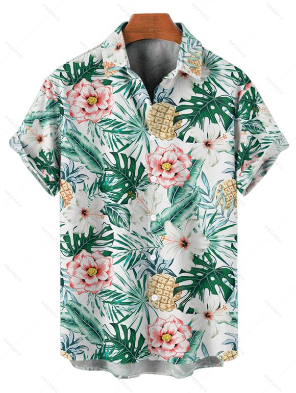 Chemise de vacances à manches courtes et boutons pour homme, motif floral tropical, à revers - Vert clair 5XL
