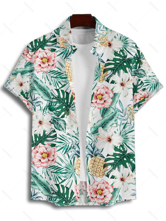 Chemise de vacances à manches courtes et boutons pour homme, motif floral tropical, à revers - Vert clair 4XL