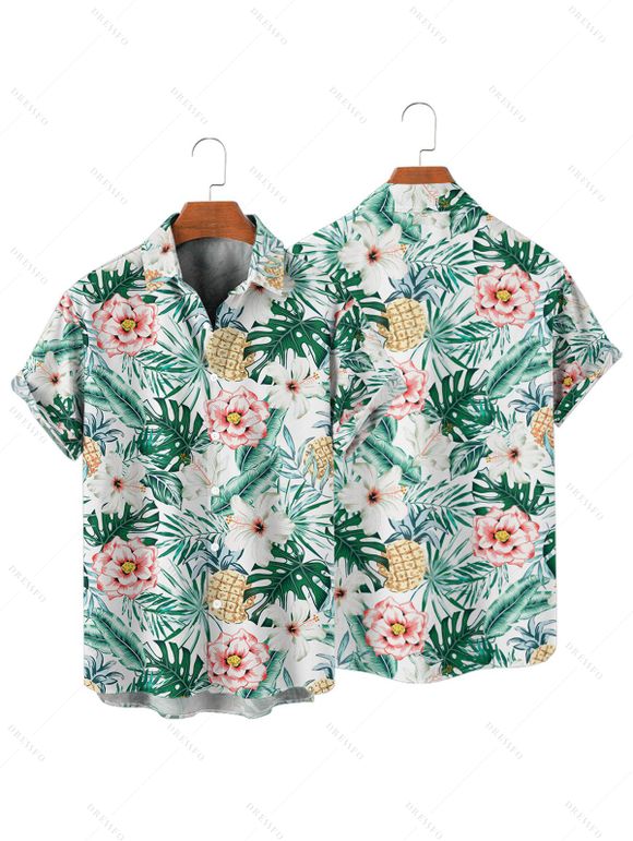 Chemise de vacances à manches courtes et boutons pour homme, motif floral tropical, à revers - Vert clair 4XL