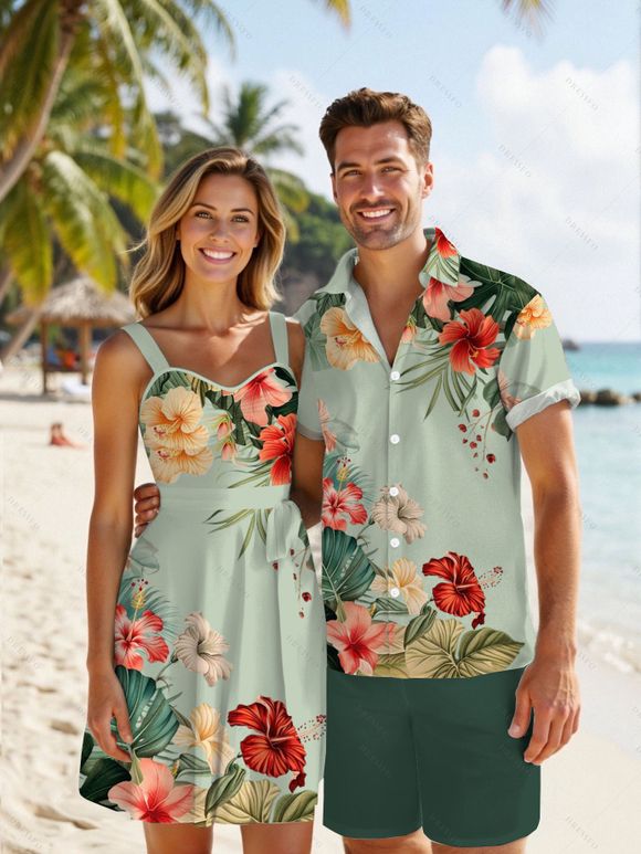 Vacation Couple Outfit Colored Flower Leaf Pattern Ruched Bust Belt Sweetheart Neck A Line Mini Dress and Button Up Shirt Matching Outfit - Vert clair S | US 4