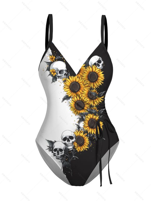 Maillot de bain une pièce imprimé tête de mort tournesol, maillot de bain rembourré à surplis cintré - Noir S | US 4