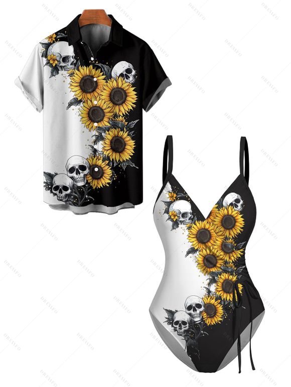 Sunflower Skull Print One Piece Swimsuit and Men's Button Up Roll Up Short Sleeve Holiday Shirt Outfit - Noir S | US 4