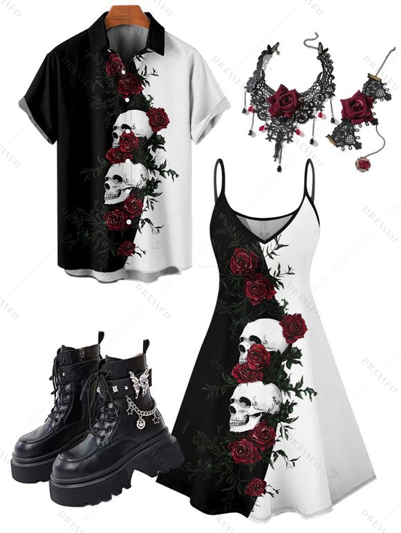Rose Skulls Pattern Gothic Dress and Button Up Shirt Butterfly Chain Martin Boots Hollow Out Lace Choker and Bracelet with Ring Set Outfit - Noir S | US 4