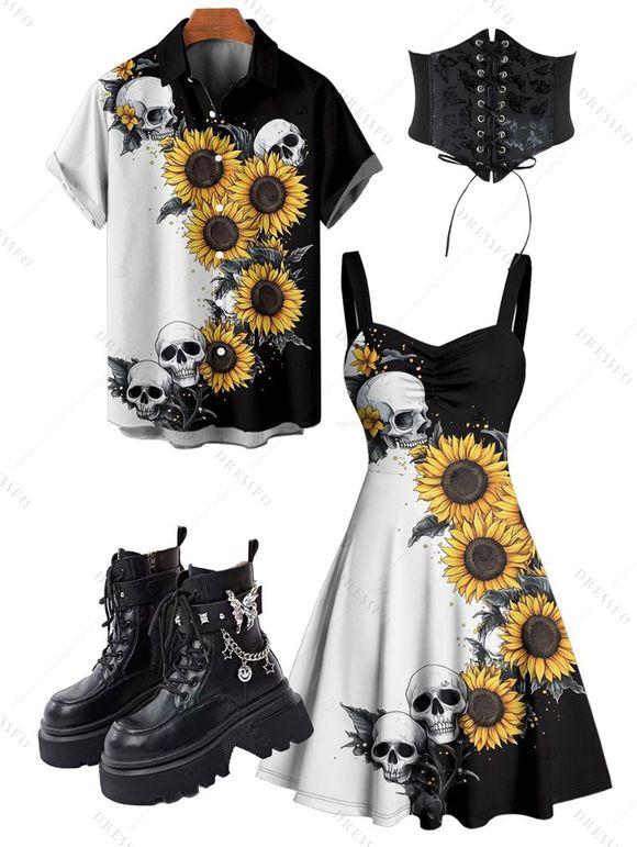 Sunflower Skulls Pattern Ruched Bust Gothic Dress and Gothic Shirt Butterfly Chain Martin Boots Butterfly Rose Lace Up Belt Outfit - Noir S | US 4