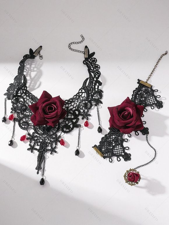 Rose Skulls Pattern Gothic Dress and Button Up Shirt Butterfly Chain Martin Boots Hollow Out Lace Choker and Bracelet with Ring Set Outfit - Noir S | US 4