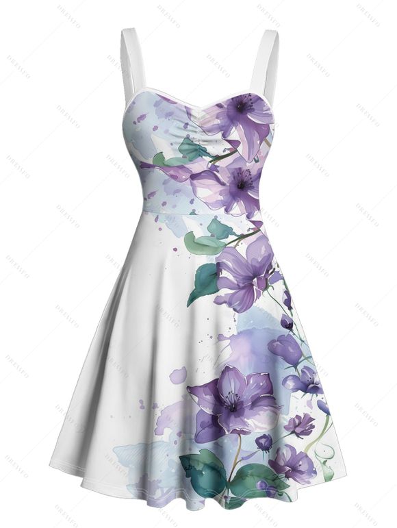Robe de vacances à motif de fleurs et de feuilles froncées, buste froncé, col en cœur, mini-robe décontractée trapèze - Bleu XXXXXL | US 20