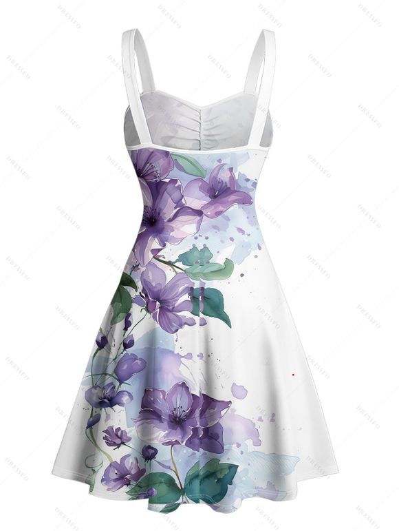 Robe de vacances à motif de fleurs et de feuilles froncées, buste froncé, col en cœur, mini-robe décontractée trapèze - Bleu XXXL | US 16