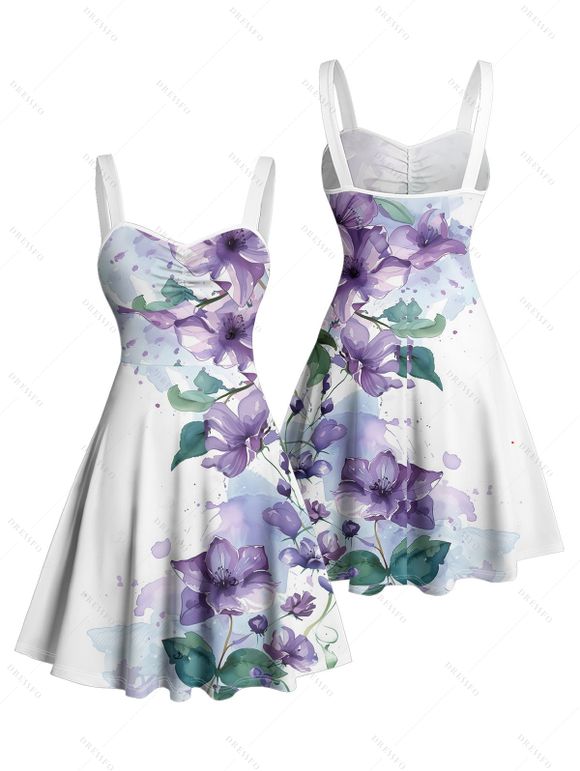 Robe de vacances à motif de fleurs et de feuilles froncées, buste froncé, col en cœur, mini-robe décontractée trapèze - Bleu XXXL | US 16