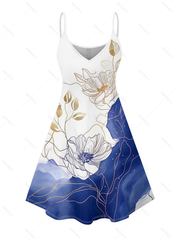 Robe de vacances à imprimé floral asymétrique et à motif de feuilles colorblock, bretelles spaghetti, col en V, coupe trapèze, mini, décontractée - Bleu XXXXXL | US 20