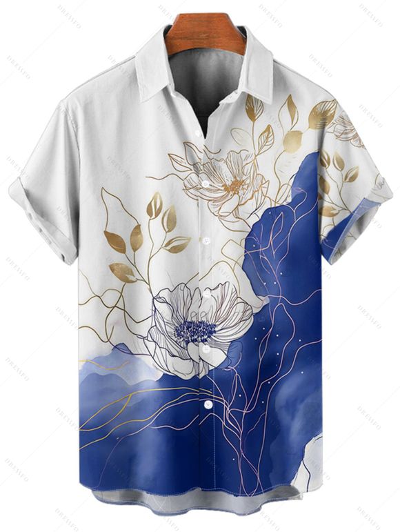 Chemise de vacances à imprimé floral asymétrique et bloc de couleurs pour homme, boutonnée, retroussée, manches courtes, décontractée - Blanc 5XL